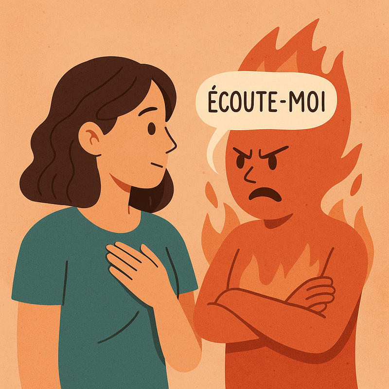 Femme posant une main sur sa poitrine, yeux fermés, représentant une colère écoutée avec bienveillance
